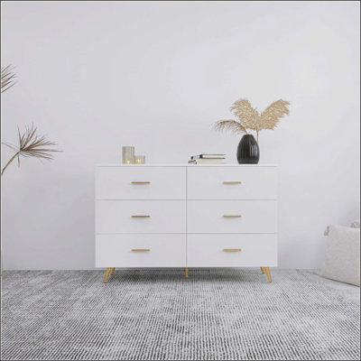 Commode 6 tiroirs à surface ultrabrillante avec poignée dorée et pieds en acier doré
