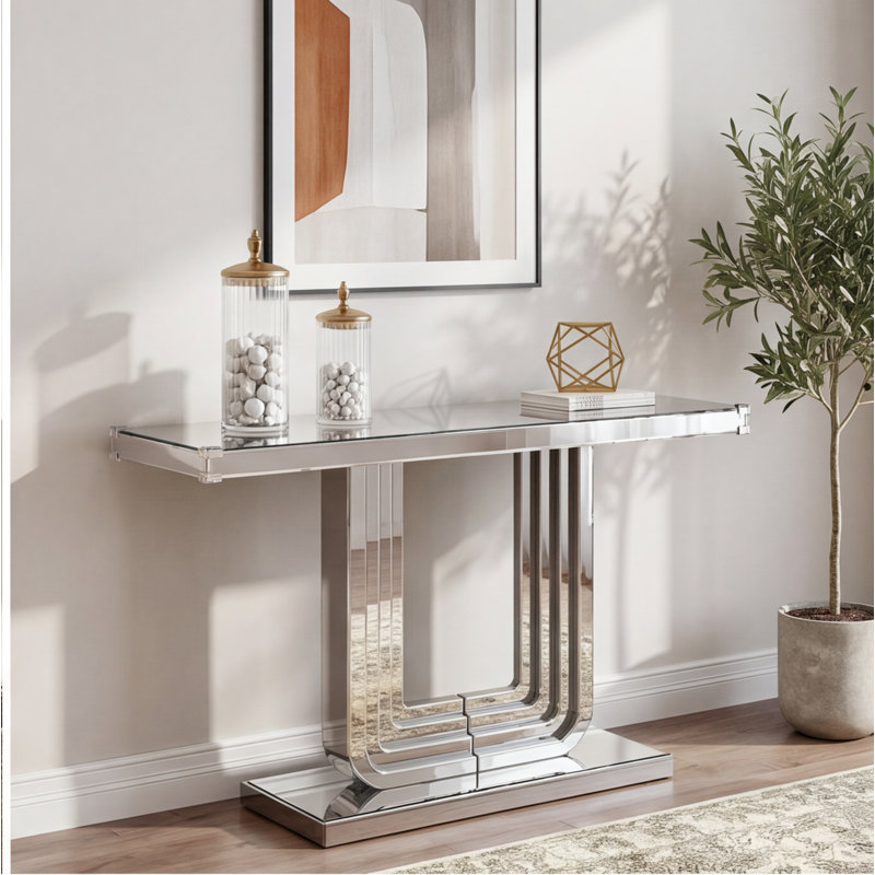 Console 47 po à miroir argenté avec base en forme de U et lignes épissées à la main, table d'entrée pour salon, couloir, vestibule