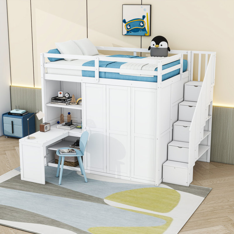 Lit mezzanine double avec bureau et tablettes intégrés, escalier, Blanc