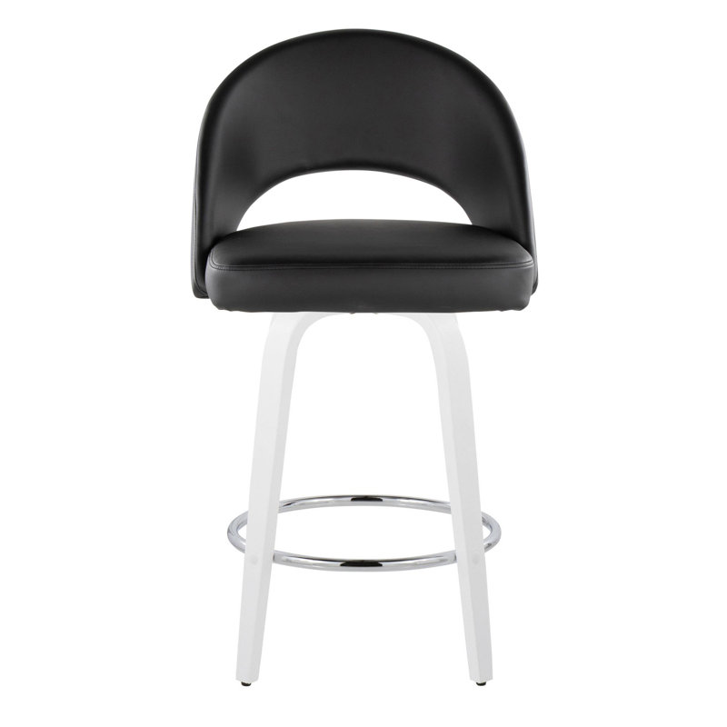 Tabouret de comptoir à hauteur fixe avec pivot en bois blanc et similicuir noir avec repose-pieds rond chromé - ensemble de 2