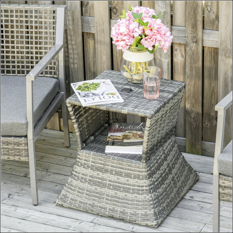 Durable Outsunny Rattan Wicker Side Table With Umbrella Hole And 2-Tier Storage For All-Weather Outdoor Use, Mixed Grey, Gray