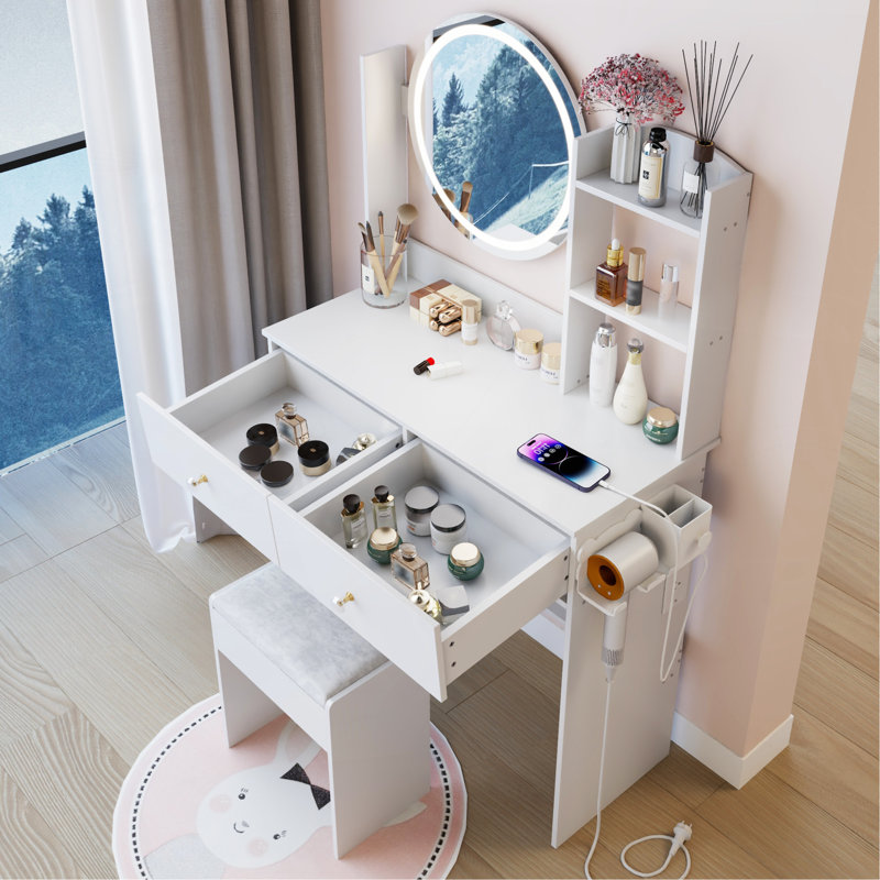 17" Round LED Mirror Vanity Table+Cushioned Stool, Equipped With 2 AC+2 USB Power Socket, Big Mirror, Touch Switch, 3 Colors, Adjustable Brightness, Large Desktop, Multi-layer High Capacity Storage
