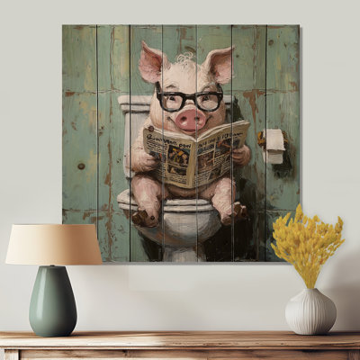 Toilet Pig Reading The Newspaper III - Pig Animal Wood Wall Art - On Natural Pine Wood