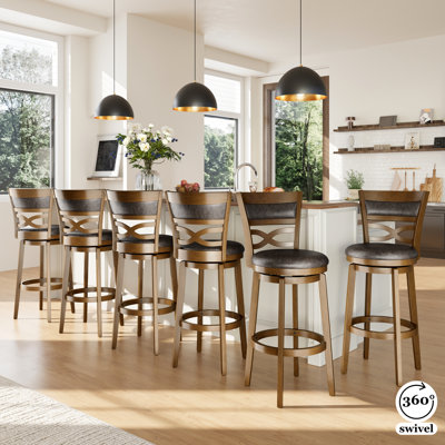 30" Swivel Upholstered Bar Stool with Solid Wood Frame & Faux Leather Seat for Kitchen (Set of 6)