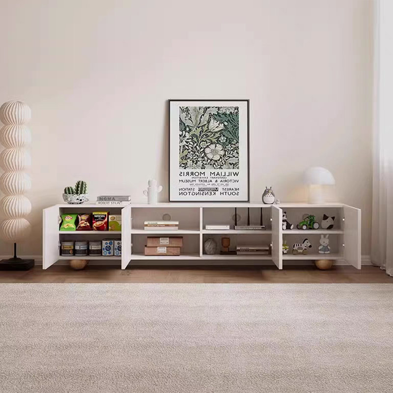 Creamy white simple solid wood TV cabinet, 86.61"