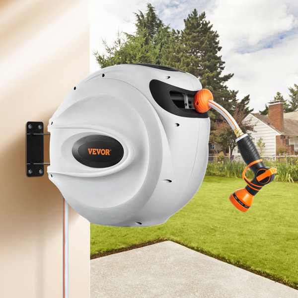 1/2 in. x 130 ft. Retractable Garden Hose Reel Pro Metal Bracket, Any Length Lock, Wall Mount and 180-Degree (Dark Grey)