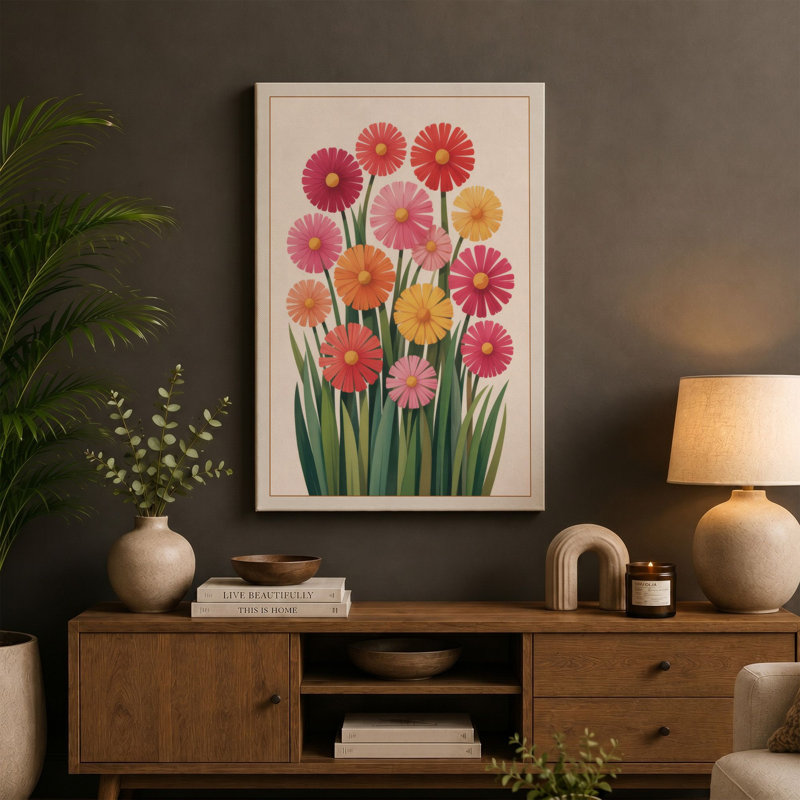 Gerbera Blooms Botanical - Wrapped Canvas, 18x12 - 45.7 x 30.5 cm, Black Border
