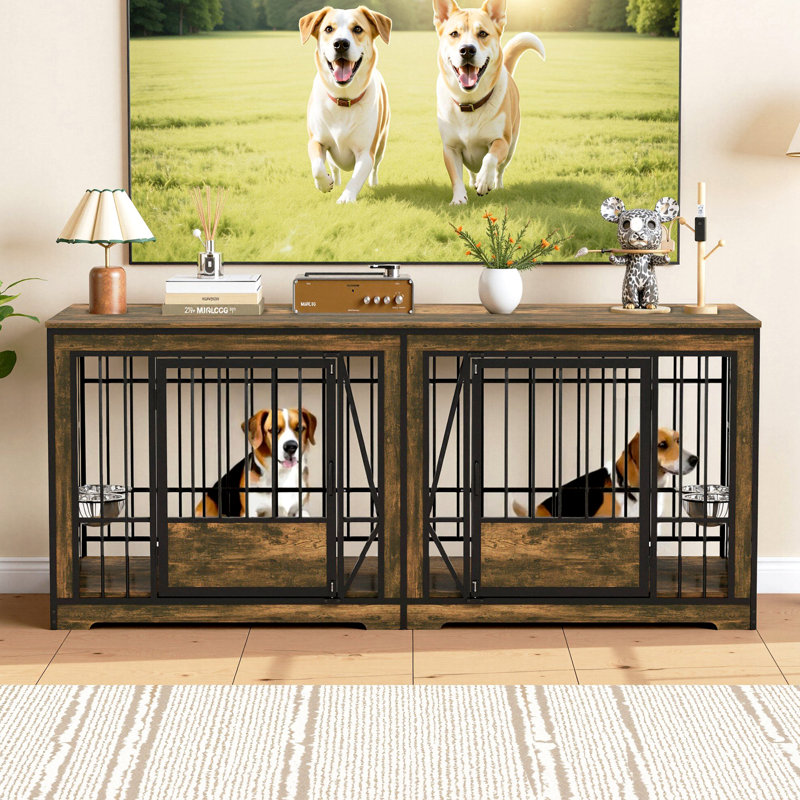 Large Furniture Style Pet Crate With Adjustable Divider, 360 Degree Rotatable Feeder And 4 Stainless Steel Bowls, Brown
