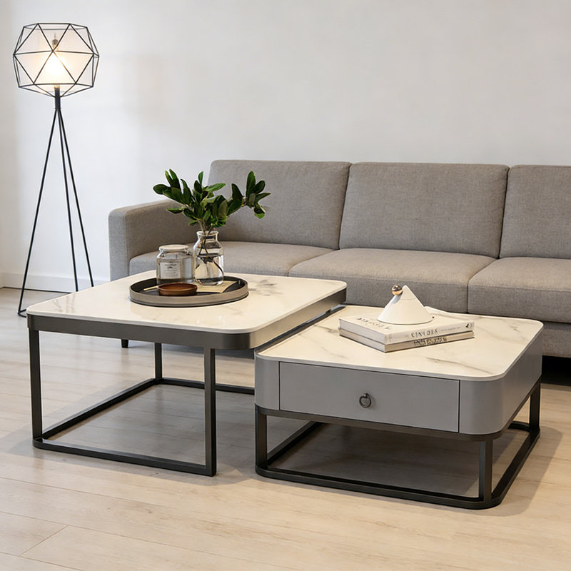 Table basse simple et moderne, Blanc / Gris, Black, H 17 po x L 31,49 po x l 31,49 po