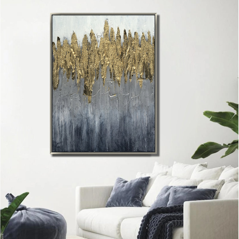 35"Lx1.5"Wx47"H, Hand-painted, Abstract Canvas with Gold Foil, Contemporary Wall Art, Crafted with Polyester Canvas and Fir Wood, Plastic Frame with Black Finish
