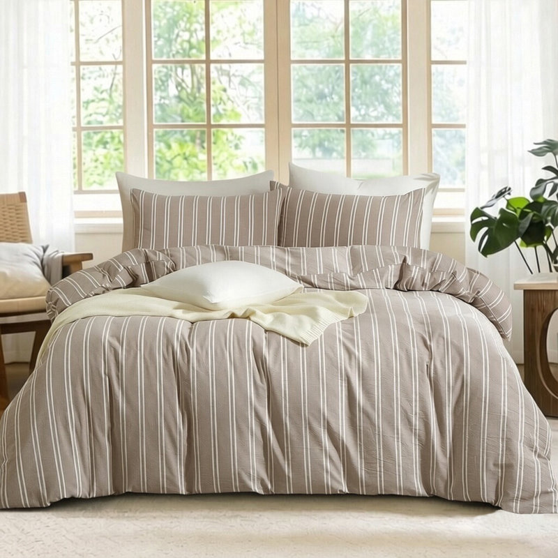 Ensemble de housse de couette à rayures XINMIANFANG, Brun / Blanc, Housse de couette grand et 2 taies d'oreiller stan