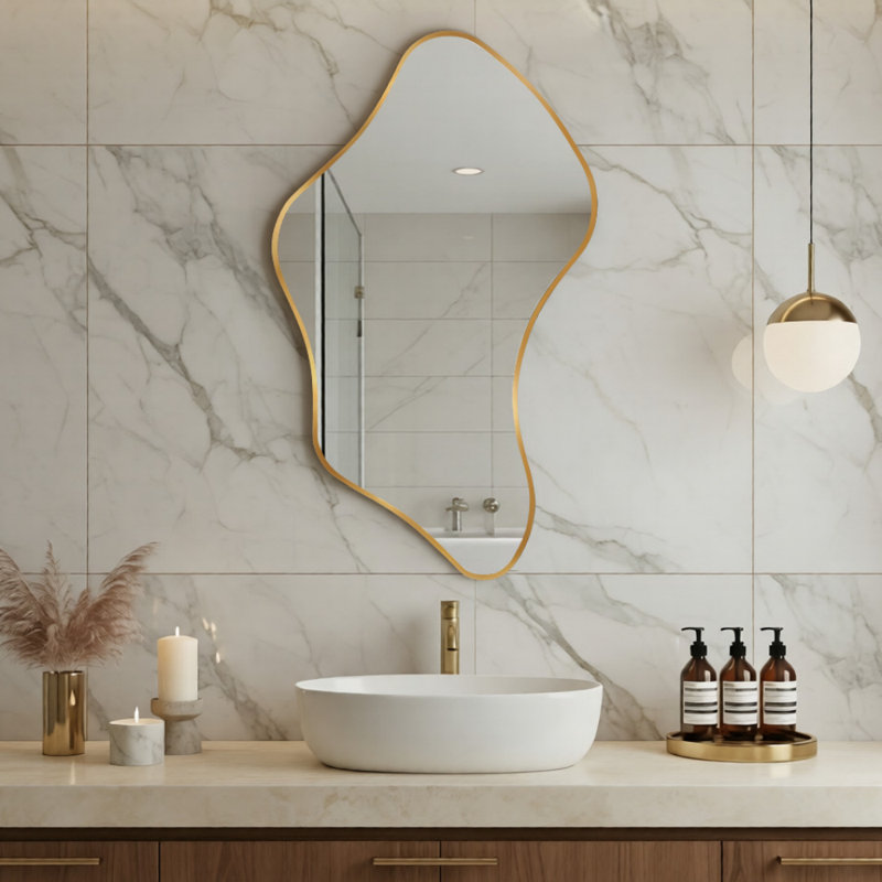 Luxury Asymmetrical Wall Mirror, Designer Irregular Bathroom Vanity Mirror with Sleek Aluminum Frame for Modern Interiors
