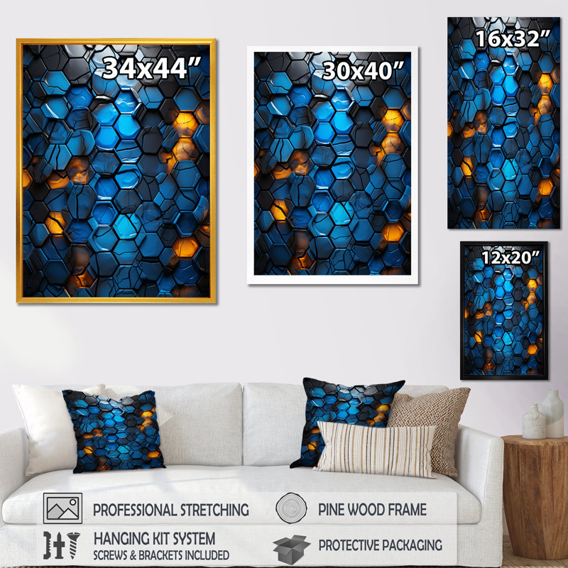 Fractale bleue et jaune mosaïque II - décoration murale abstraite, Cadre doré simple, H 40 po x l 30 po x P 1,5 po