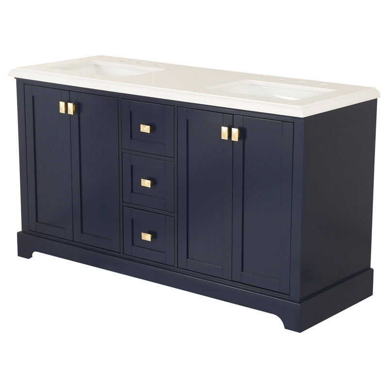 Meuble-lavabo double 60 po avec plateau en marbre de Carrare Uppingham, Bleu, Or