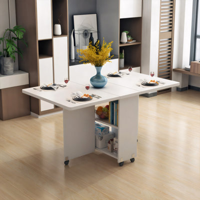 Table de salle à manger pliante à abattants avec 6 roulettes et 2 tablettes de rangement, table compacte pour petits espaces, P 47,2 po x l 23,6 po x H 30,3 po, blanc