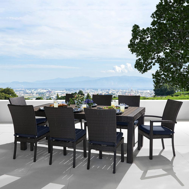 Ensemble repas rectangulaire pour 8 personnes avec coussins Sunbrella Fionnula, Cadre noir/brun/coussin en toile rouge jockey