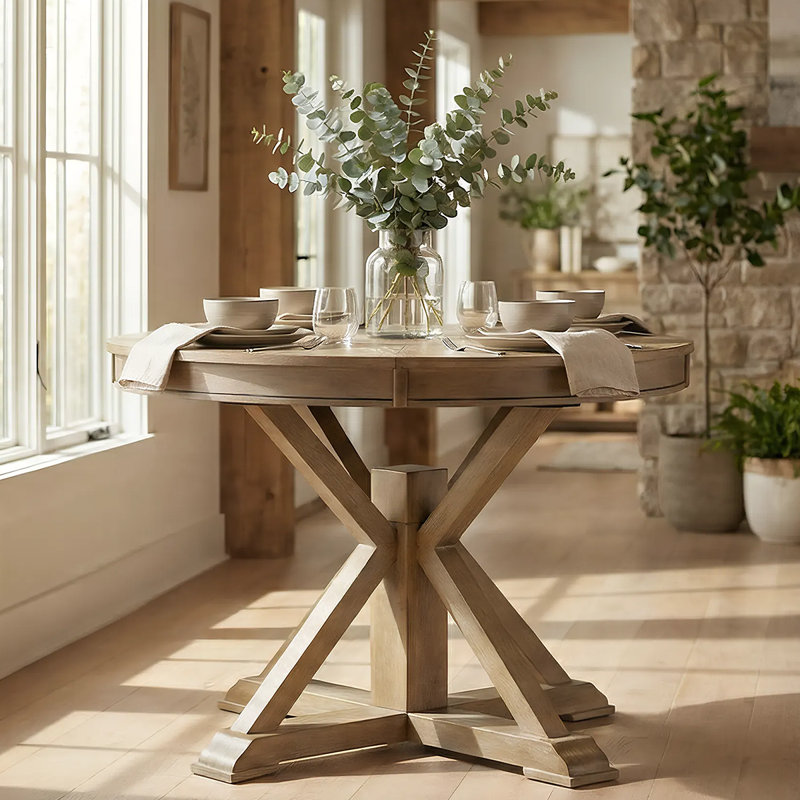 Table de salle à manger rétro extensible avec rallonge papillon - base en bois massif, convertible ovale / ronde pour 6 personnes