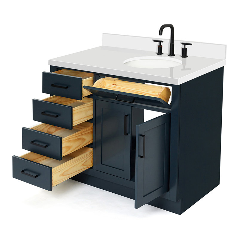Meuble-lavabo simple en bois massif 42 po Tidworth avec plateau en quartz blanc 1,5 po, Oui, Ovale, Bleu minuit