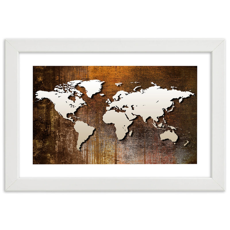 World Map In Brown - Single Picture Frame Print, White, 70cm H x 100cm W