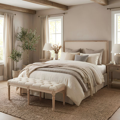 Banc de chambre à coucher, banc d'entrée touffeté de style français rétro, banc de bout de lit tapissier sculpté 47,2 po avec pieds en bois vieilli, repose-pieds en lin pour le salon, le vestibule, la salle à manger