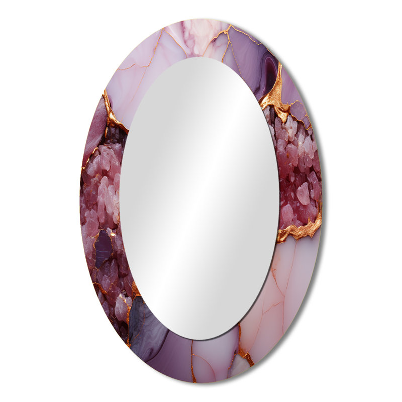 Pink and gold Marble agate river IV - Large Oval Wall Mirror On Metal, 36" H x 24" W