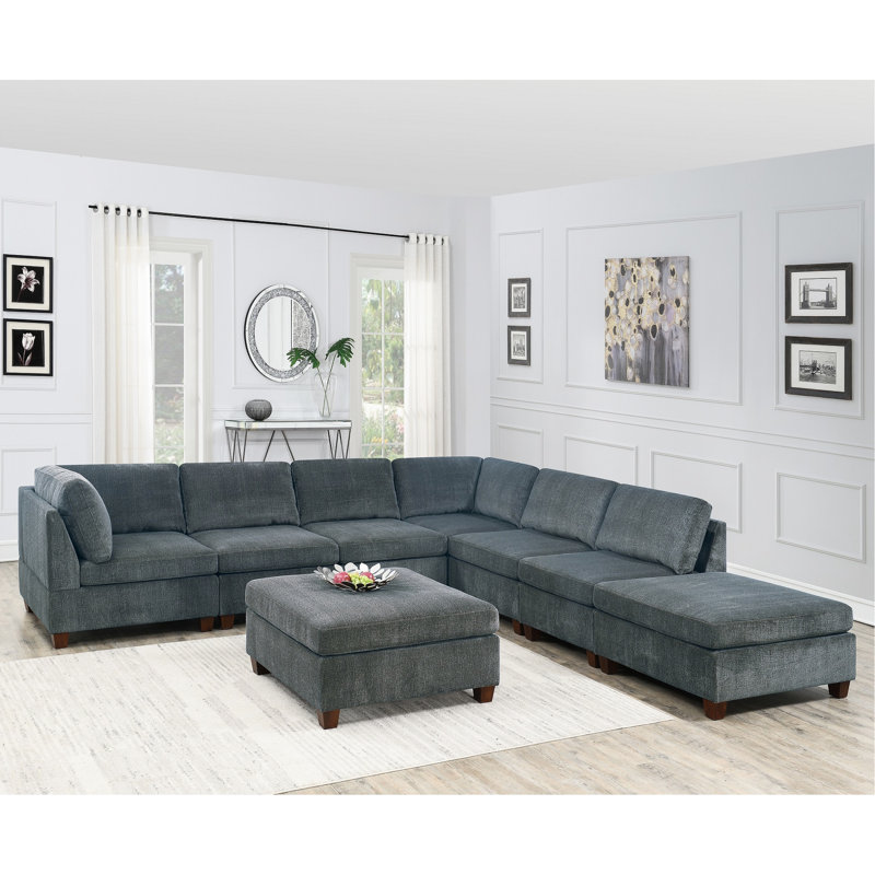 Soft Grey Chenille 8Pc Sectional With Foam For Living Room Contemporary Fabric Modular Cushion Back