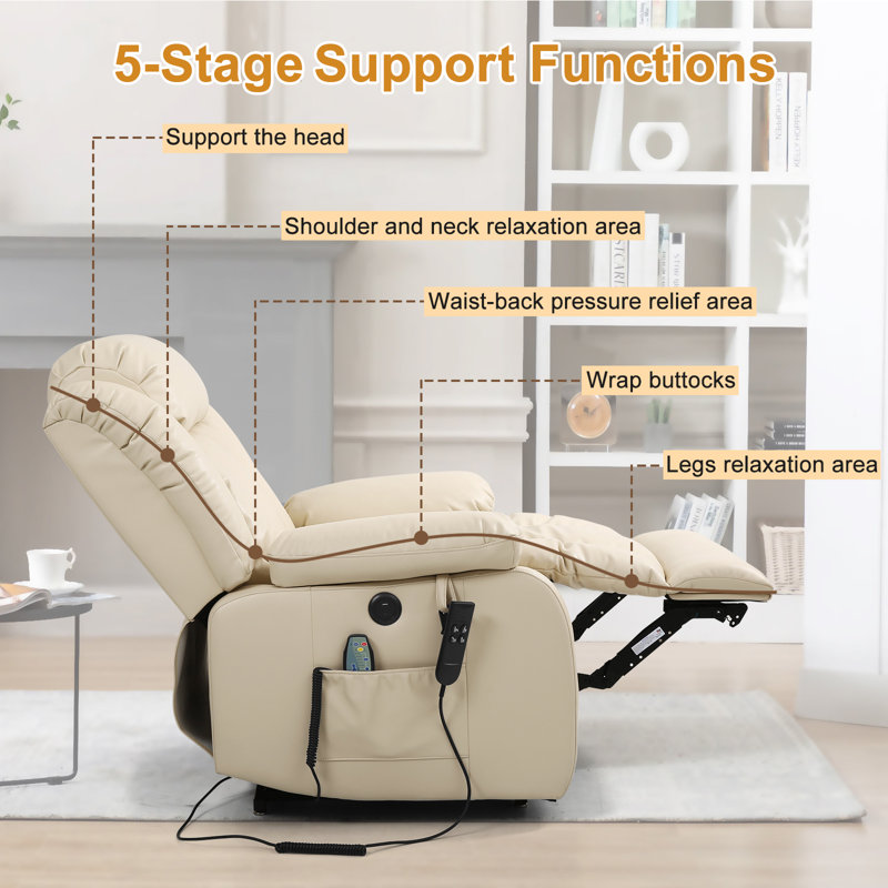 Breathable Leather Dual Motor Assist Power Lift Recliner Chair With Heating And Massage, Lay Flat Power Recliner For The Elderly