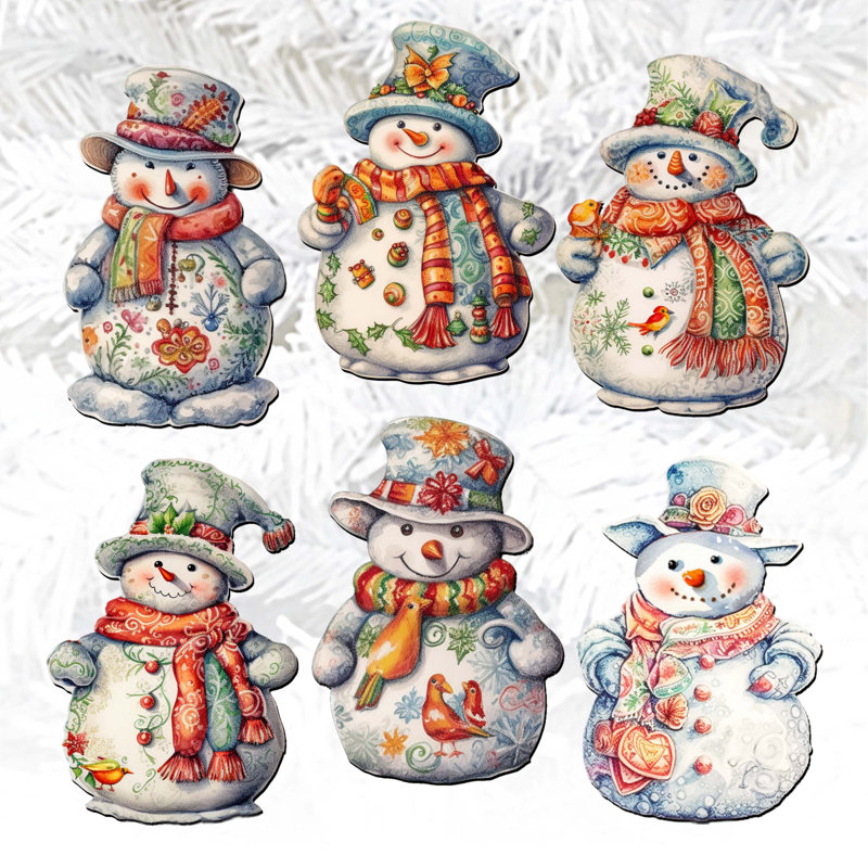 Ensemble de 6 ornements décoratifs à pince en forme de bonhomme de neige en bois par G. Debrekht