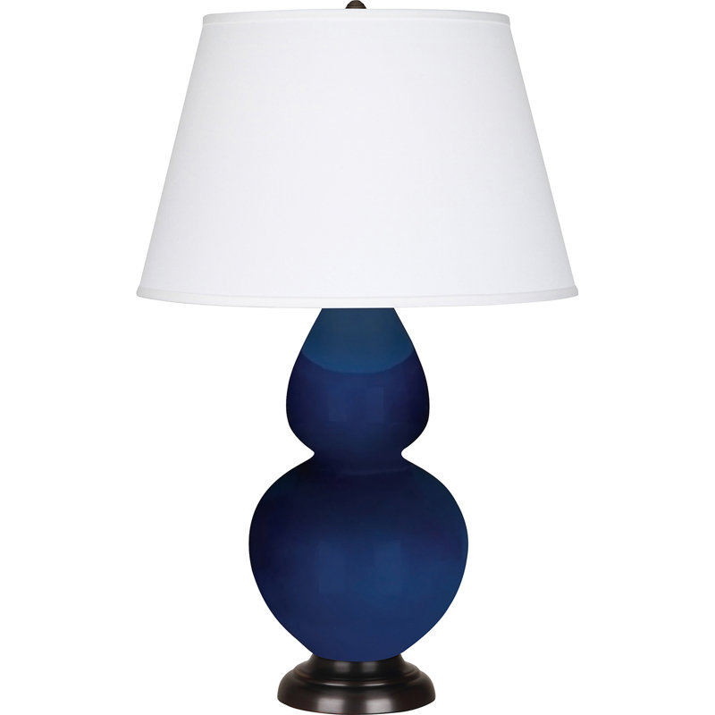 Lampe de table double gourde en céramique, Cobalt émaillé / bronze, Perle, Bronze