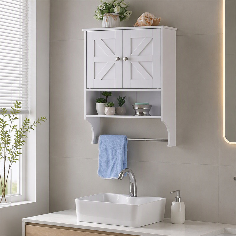 Armoire de rangement au-dessus de la toilette avec 2 portes et tablettes réglables, conception campagnarde pour salle de bain et salon