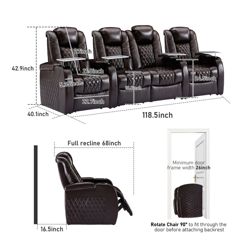 Siège de cinéma individuel en cuir véritable de 112 po de largeur avec porte-gobelet, Café