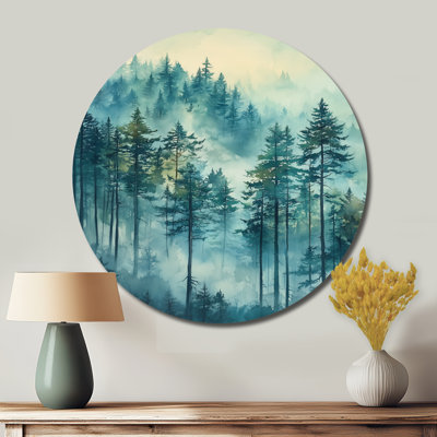 «Morning Fog Pine Tree Mountain Trail», art mural rond en métal à motif floral