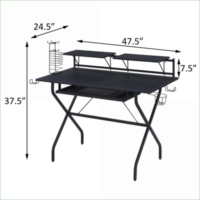 Desks, 47.5-Inch Industrial Black Wood &amp; Metal Computer Desk with Keyboard Tray, Headset Hooks | Black | Wood+Metal