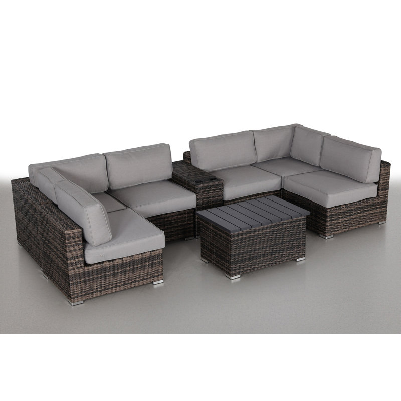 Espresso Rattan Wicker 4-Person Seating Group with Gray Cushions