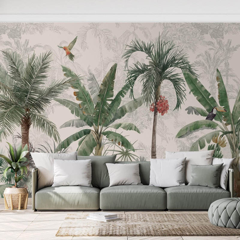 Jungle vibrante colorée avec oiseaux, L 66 po x l 96 po