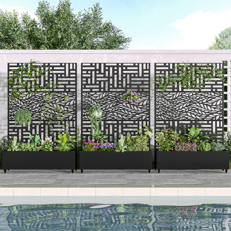Ensemble de 3 jardin surélevé autoportant bicolore avec écran d'intimité Boîte à fleurs en métal avec treillis pour plante grimpante