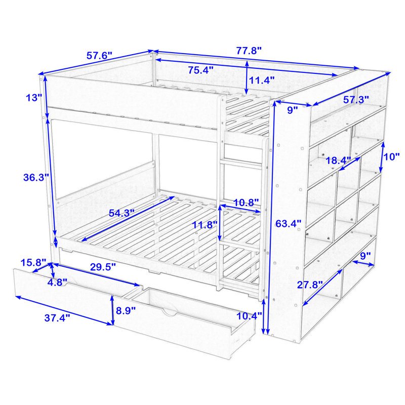 Jarif 2 Drawers Wood Bunk Bed with Cabinet and Slats, Full over Full, White