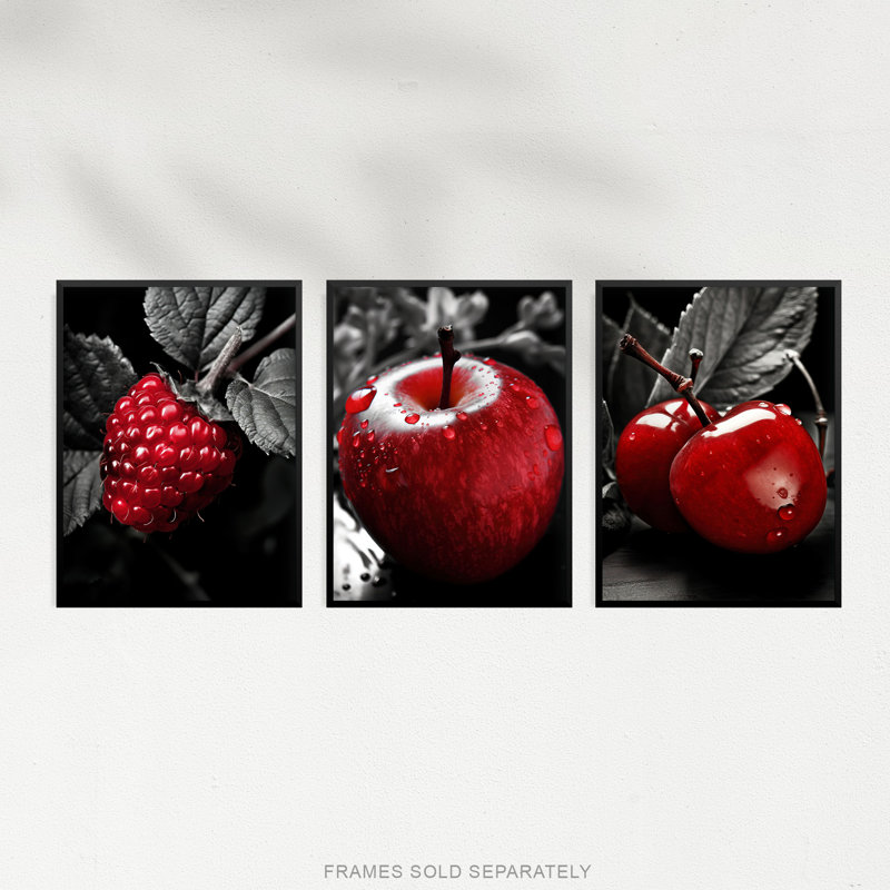 Red Apple Raspberry Cherry On Black White Kitchen Artwork - 3 Piece No Frame Print Set, 29.7cm H x 21cm W x 0.4cm D