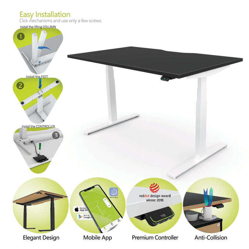 Linak DF2 Standing Desk Adjustable Metal Base Standing Desk, White, Black