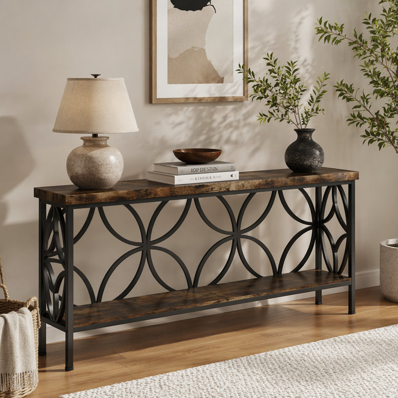 Table basse, canapé industriel, console 2 niveaux, Black,Brown / Black,Rustic Brown, Noir, brun, Noir, brun rustique