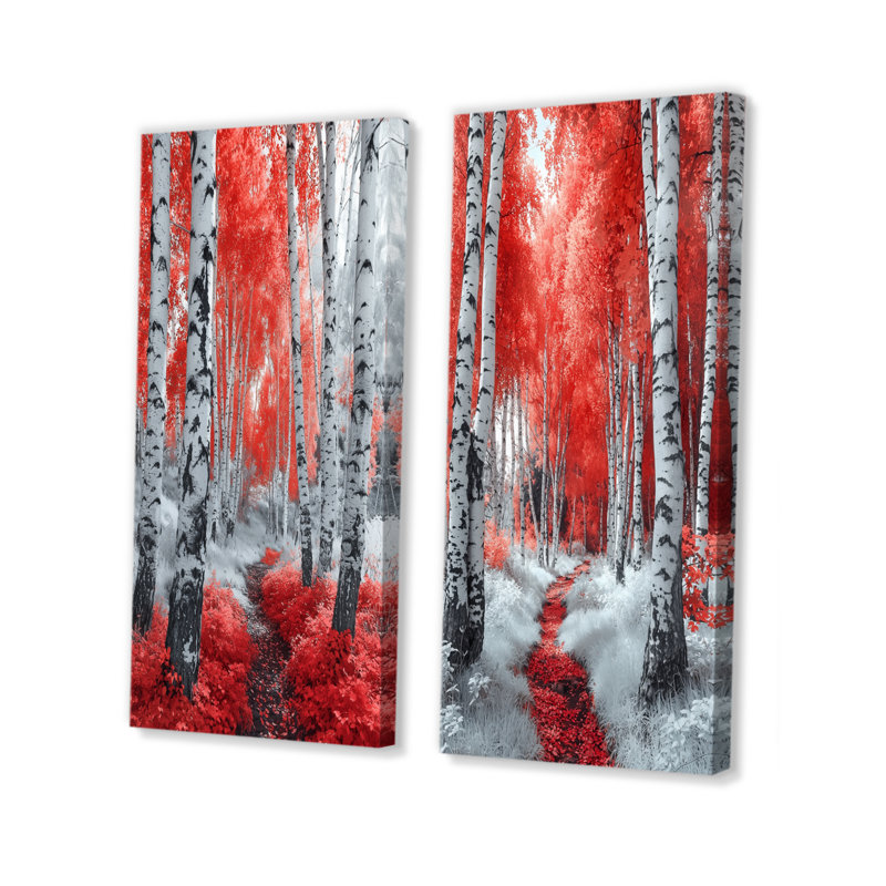 Hiver, bouleaux rouges, forêt, Panorama III, ensemble d'art mural forêt, 2 pièces, H 40 po x l 40 po, Toile tendue