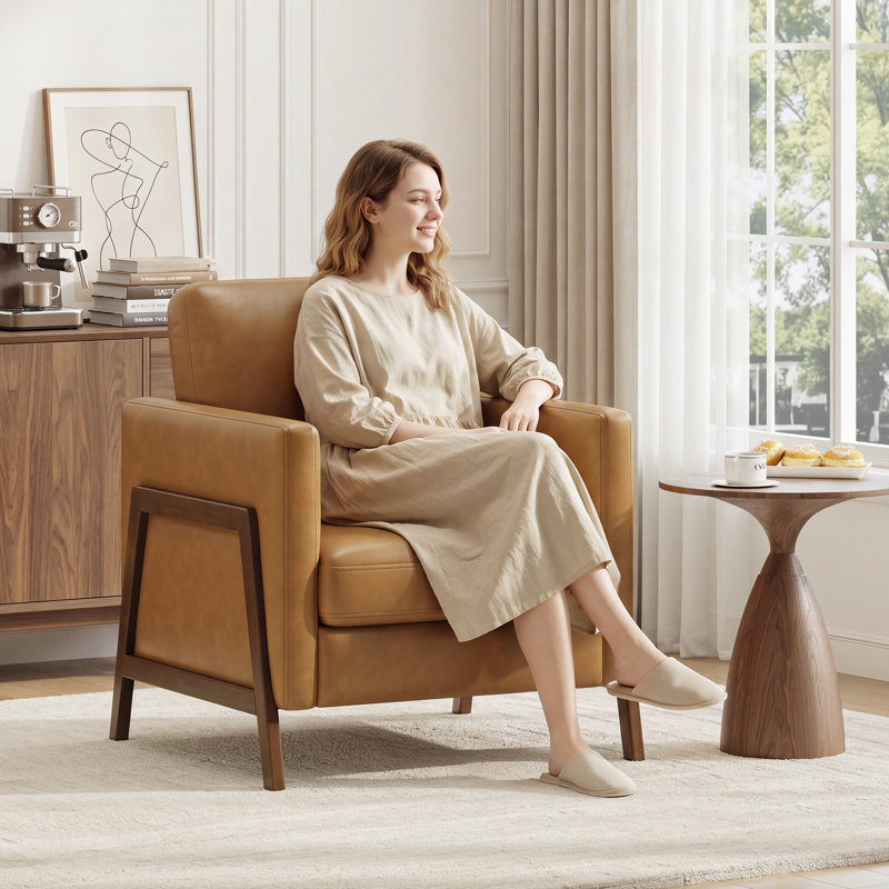 Fauteuil moderne en similicuir avec structure en bois pour le salon et la chambre à coucher, Brun