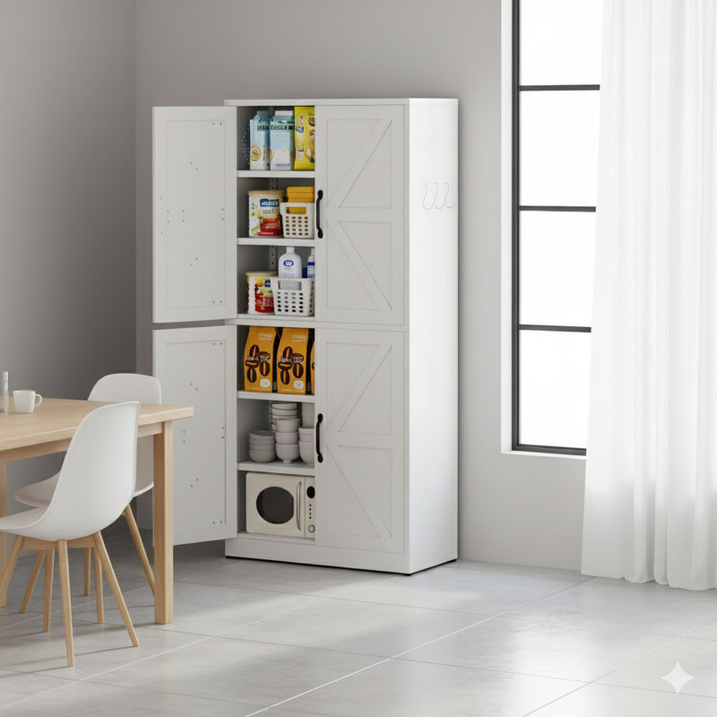 Armoire de rangement pour garde-manger en acier blanc avec tablettes réglables, armoire de campagne robuste pour cuisines, salles de bain et salons