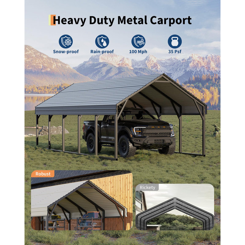 Metal Carport, Heavy Duty Carport Reinforced Frame and Steel Roof, All-Weather Shelter for Pickups, Boats, Cars, and Tractors