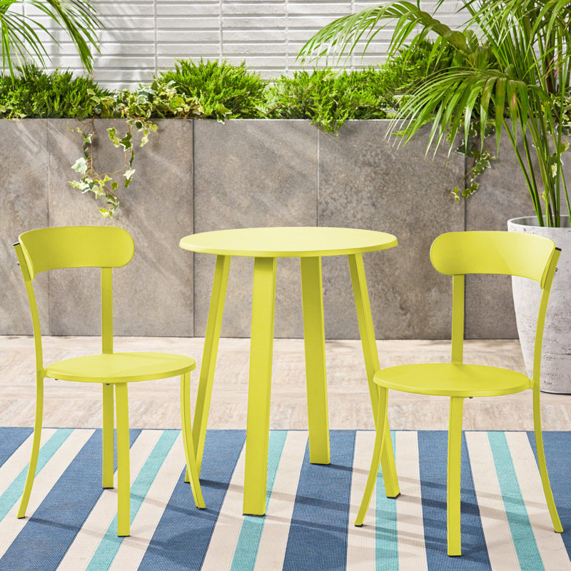 Bistro d'extérieur en fer thermolaqué, couleur lime mat, pour rassemblements, 2 chaises et 1 table