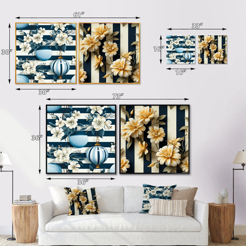Motif floral rayé de charme nautique - ensemble de collage abstrait botanique carré de 2, Cadre flottant noir
