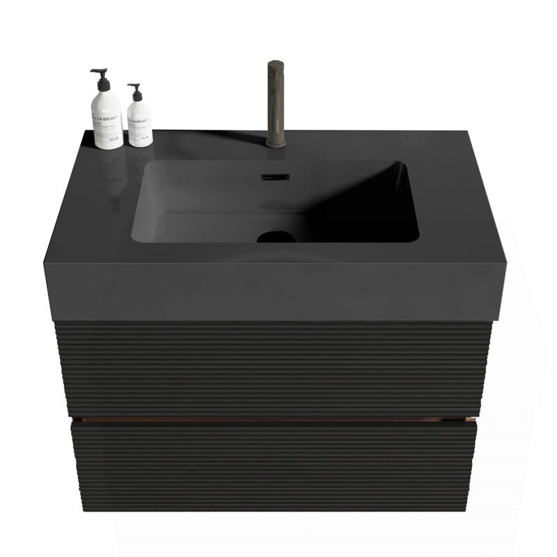 Meuble-lavabo 30 po avec lavabo en quartz noir mat Grace, Noir / brun
