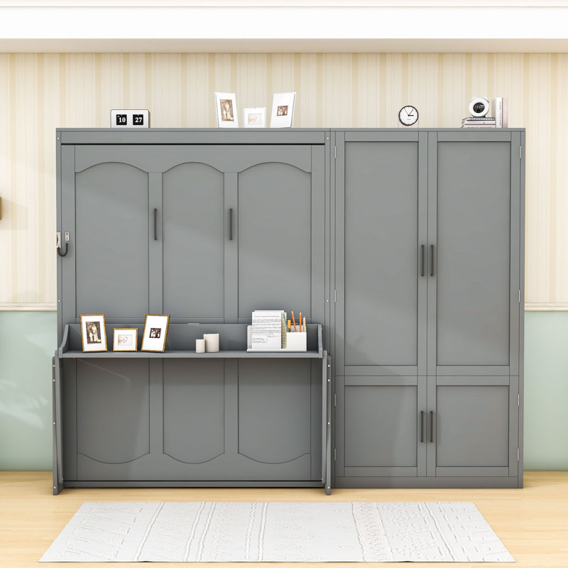 Grand lit escamotable en bois avec système hydraulique et garde-robe intégré, Gris