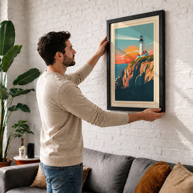 Lighthouse at Sunset Retro - Framed Print, A4 - 29.7 x 21.0 cm, Walnut