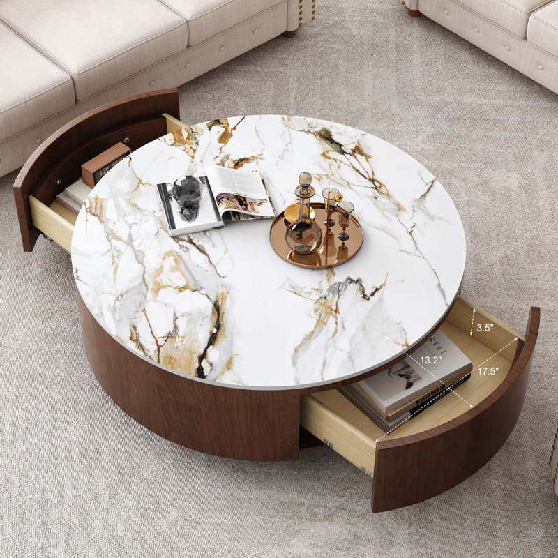 Table basse ronde en bois avec plateau en faux marbre
